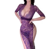 Sexy Lace Temptation Long Dress - Side-Slit Bodycon Lingerie Nightwear for Women, Provocative Uniform-Style Sleepwear thumbnail