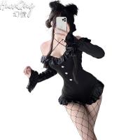Sexy One-Shoulder Lace Bodysuit Set for Women – Flirty Ruffled Long Sleeve Bodycon Outfit thumbnail