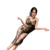Sexy Purple Lace Temptation Long Dress Sleepwear - High-Slit Sheer Mesh with Underwire Push-Up Support thumbnail