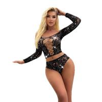 Sexy Rhinestone Two-Piece Set - Off-Shoulder Long Sleeve Lingerie for Nightclub & Party Outfits thumbnail
