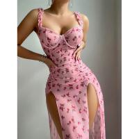 Temu Pink Split Long Skirt & Thong Set - Sexy Lingerie Outfit for Women, Uniform-Inspired Costume thumbnail