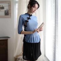 Vintage Chinese Student Uniform Lingerie - Seductive Mesh Long Qipao Sleep Gown for Women thumbnail