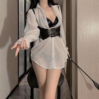 White Lace Sexy Uniform Set - Busty Babe Long Sleeve Shirt & Strap Harness Outfit for Role Play & Cosplay thumbnail