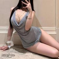 Luminous Gold Lace Bodysuit - Sheer Mesh Halter Sleep Dress with Flirty Deep V-Neck & Body-Conscious Fit thumbnail