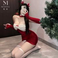 Mandyu Christmas Bunny Girl Outfit - Red Sexy Mesh Bodysuit & Thigh-Highs Holiday Costume for Women thumbnail