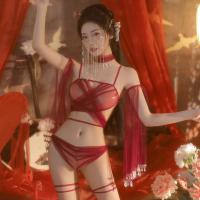 Manny Qing Ancient Chinese Red Sheer Lace Bralette Set - Sensual Hanfu-Inspired Sleepwear for Women thumbnail