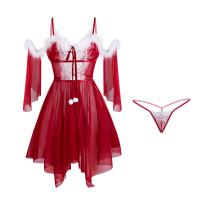 Mannyan Christmas New Year Lingerie Set - Sexy Sheer Mesh Deep V-Neck Lace Bodysuit with Velvet Trim & Adjustable Straps thumbnail