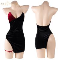 Mannyan French-Style Low-Cut Color-Block Camisole Dress – High-Waisted Slit Lingerie for Women thumbnail