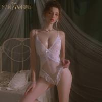 Mannyan Sexy Lingerie Set for Women - Beaded Lace Polka Dot Bodysuit with Open-Crotch Design & Ruffled Trim thumbnail
