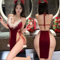 Mannyan New Year Lingerie Set - Sexy Velvet Deep V-Neck Robe Dress with Satin Ties, Retro Holiday Nightwear thumbnail