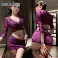 Mannyan Yujie Sheer Mesh Bodycon Dress - Purple Deep V Sexy Lingerie Outfit thumbnail