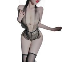 Mannyqing Sensual Deep V Lace Bodysuit - Sheer Mesh Cross-Tie Erotic Open-Crotch Romper for Passionate Nights thumbnail