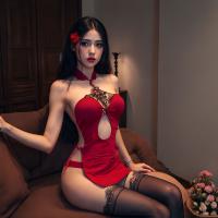 Mannyqing Vintage Cheongsam Lingerie Set - Sexy Lace Embroidered Bodysuit with High Slit for Women thumbnail