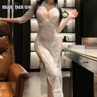 Manyan Sexy Deep V Lace Sleep Dress Set - Vintage Sheer High-Waist Slit Nightgown Ensemble thumbnail