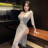 Manyan Sexy Deep V Lace Sleep Dress Set - Vintage Sheer High-Waist Slit Nightgown Ensemble thumbnail