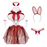 Manyan New Year Bunny Cosplay Costume - Christmas Rabbit Girl Outfit with Sheer Mesh Top & Halter Mini Skirt thumbnail