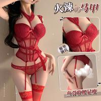 Manyan New Year Corset Top - Steel-Boned Lace Bodysuit with Halter Neck & Sheer Mesh Detail thumbnail