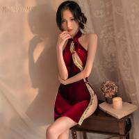 ManYan New Year Red Velvet Cheongsam Dress - Sexy Halter Neck Chinese Style Open-Front Slit Lingerie thumbnail