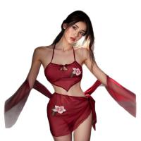Meimei Sensual Chinese-Style Embroidered Deep V Halter Bodysuit - Vintage Belly Dance Inspired Lingerie thumbnail