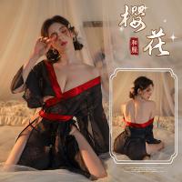 Night Fragrance Seductive Lingerie Set - Japanese-Style Black Kimono Sleepwear, No-Remove Pure-Yu Outfit with Floral Pri thumbnail
