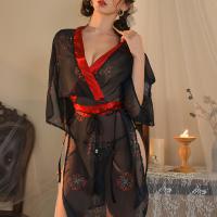 Night Fragrance Seductive Lingerie Set - Japanese-Style Black Kimono Sleepwear, No-Remove Pure-Yu Outfit with Floral Pri thumbnail