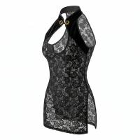 Night Silk Sensual Chinese-Inspired Cheongsam Dress with Frog Buttons & High Slit - Black Lace Outfit thumbnail