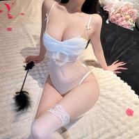 Night Silk Sexy Lace Bodysuit - Sheer Mesh Cut-Out Romper with Open-Crotch Design & Matching Set thumbnail