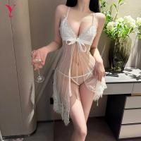NightSigh NightSeduction Sexy Lace Sleepwear Set – Sheer Mesh Cami & Matching Briefs with Bow Detail thumbnail