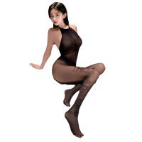 NightSu Seductive Women's Lingerie Set - Transparent Mesh Bodysuit with Open-Crotch Fishnet Stockings & Black Silk Unifo thumbnail