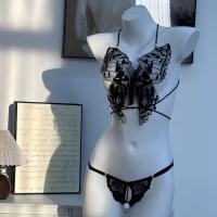 Pearl-Embellished Sheer Butterfly Lace Bodysuit Set – Sensual See-Through Top & Tie-Strap Thong Ensemble thumbnail
