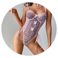 Pink Leopard Print Bodysuit for Women – Sexy Bow-Tie Front Party & Club Outfit,Europe and America-Style Lingerie thumbnail