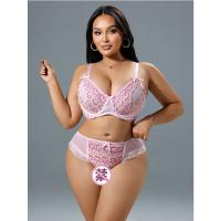 Pink Romantic Lace Sexy Lingerie Set - Floral Sheer Women's Three-Piece Intimate Apparel for Date Night thumbnail