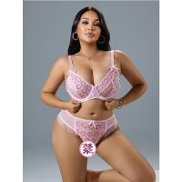 Pink Romantic Lace Sexy Lingerie Set - Floral Sheer Women's Three-Piece Intimate Apparel for Date Night thumbnail