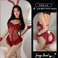 Playful Bunny Girl Lingerie Set - Sexy Sheer Mesh Sleepwear with Thong Cutout & Lace Trim thumbnail