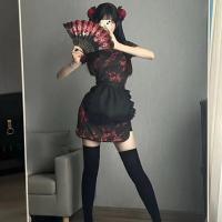 Plus Size Chinese Style Cheongsam Lingerie Set - Retro Maid Dress with Apron, Busty Pure & Tempting Two-Piece Outfit thumbnail