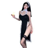 Plus Size Seductive Lingerie Set for Women - High-Slit Lace Bodysuit with Nun-Inspired Pure & Tempting Outfit thumbnail