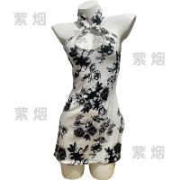Plus Size Sexy Cheongsam Sleepwear - Vintage Floral Print Bodycon Pajama Set with High Slit & Cinched Waist thumbnail