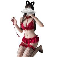 Plus Size Sexy Lace Bra Set - Sheer Chiffon Matching Panty & Neckline Harness Outfit for Women thumbnail