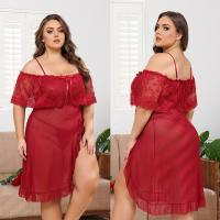 Plus Size Sexy Lace Sleepwear Set - Sheer Off-Shoulder Cami Dress with Transparent Mesh & Floral Embroidery thumbnail