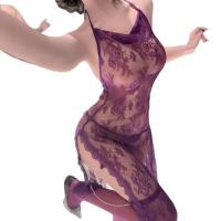 Plus Size Sexy Lingerie Dress - Busty Lace Sheer Slip Nightgown with Chains & High Slit Qipao Style thumbnail