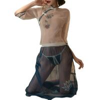 Plus Size Sexy Qipao Lingerie Set - Vintage Floral Sheer Open-Crotch Costume Outfit thumbnail