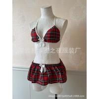 Plus Size Sexy Three-Piece Lingerie Set - Red Plaid Uniform - Inspired Outfit for Women thumbnail