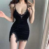 Plus Size Velvet Low-Neck Sexy Sleepwear for Women – Lace Trimmed Busty Cami Set with Removable Pads, Sheer & Stylish Ni thumbnail