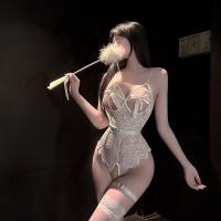 Pure & Seductive Lace Lingerie Set for Women – Sexy Sheer Bodysuit with Removable Cups & Matching Thigh-High Stockings thumbnail