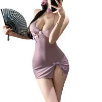 Pure & Seductive Purple Cheongsam Lingerie - Sheer Vintage Qipao Bodycon Dress with High Slit & Sensual Design thumbnail