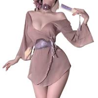 Purple Allure Lace Hanfu-Inspired Sensual Sleepwear – Seductive Off-Shoulder, Backless Robe Set for Women thumbnail