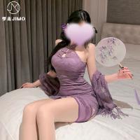 Purple Chinese-Inspired Lace Cheongsam Lingerie - Hook-Neck Vintage Button Dress, Sexy Modest Fusion Style thumbnail