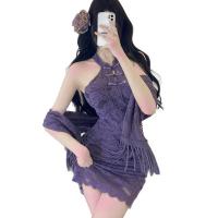 Purple Lace Cheongsam Dress for Women – Sexy Bodycon Silk-Feel Flirty Party Outfit with Shawl thumbnail