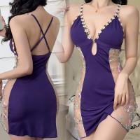 Purple Lace Sheer Mesh Camisole Nightgown - Stretchy Sexy Sleepwear for Women, Plus Size Intimate Lingerie thumbnail