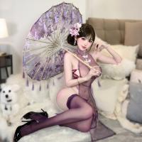 Purple Sensual Lingerie Set - Modest-Chic Split Qipao with Sheer Mesh & Ties, No-Remove Design thumbnail